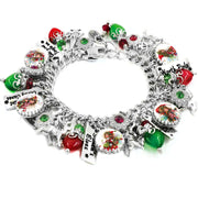 Festive silver charm bracelet designed for holiday gifting, featuring vintage elf illustrations, red and green Christmas beads, sparkling crystals, and engraved charms with phrases like "Santa’s Elves" and "North Pole." A joyful keepsake perfect for spreading holiday cheer.
