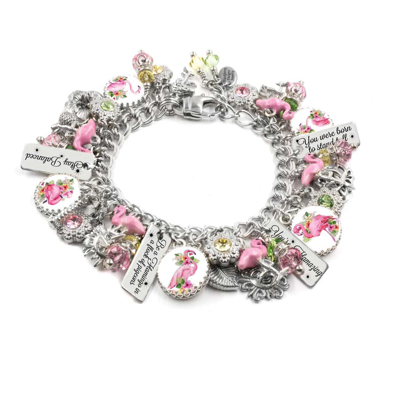 Pink Flamingo Charm Bracelet – Tropical Jewelry with Crystals & Engraved Quotes