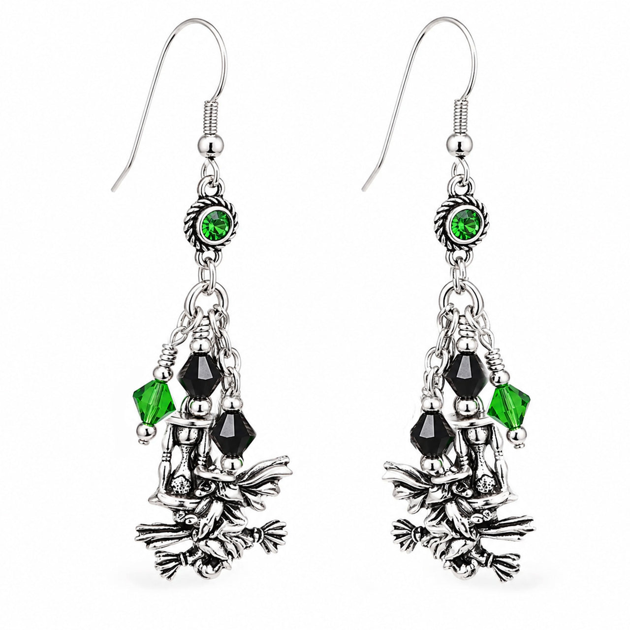 A pair of silver-toned dangle earrings with green and black crystal beads and a small bird charm, shown on a plain white background.