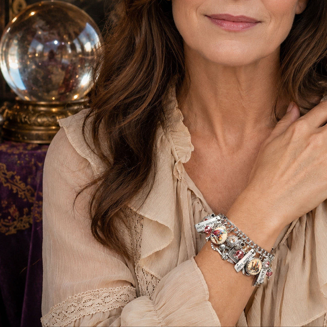 Woman wearing a bracelet with a blurred carnival background