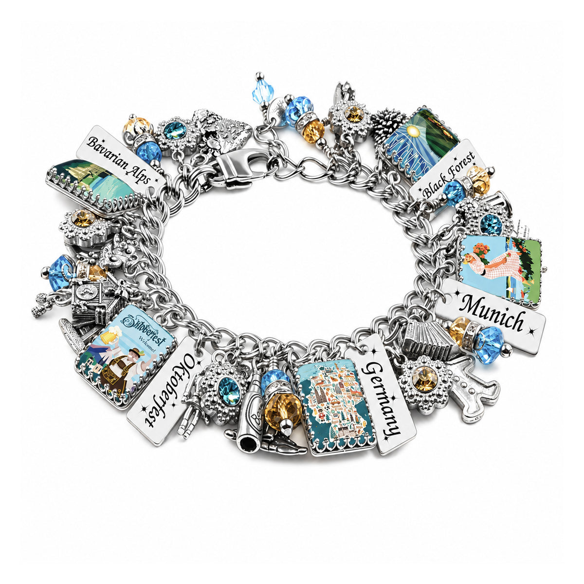 germany travel charm bracelet with nutcracker charms, bavarian alps, vintage images of germany, black forest, accordion, castle, beer pub castle, christmas market