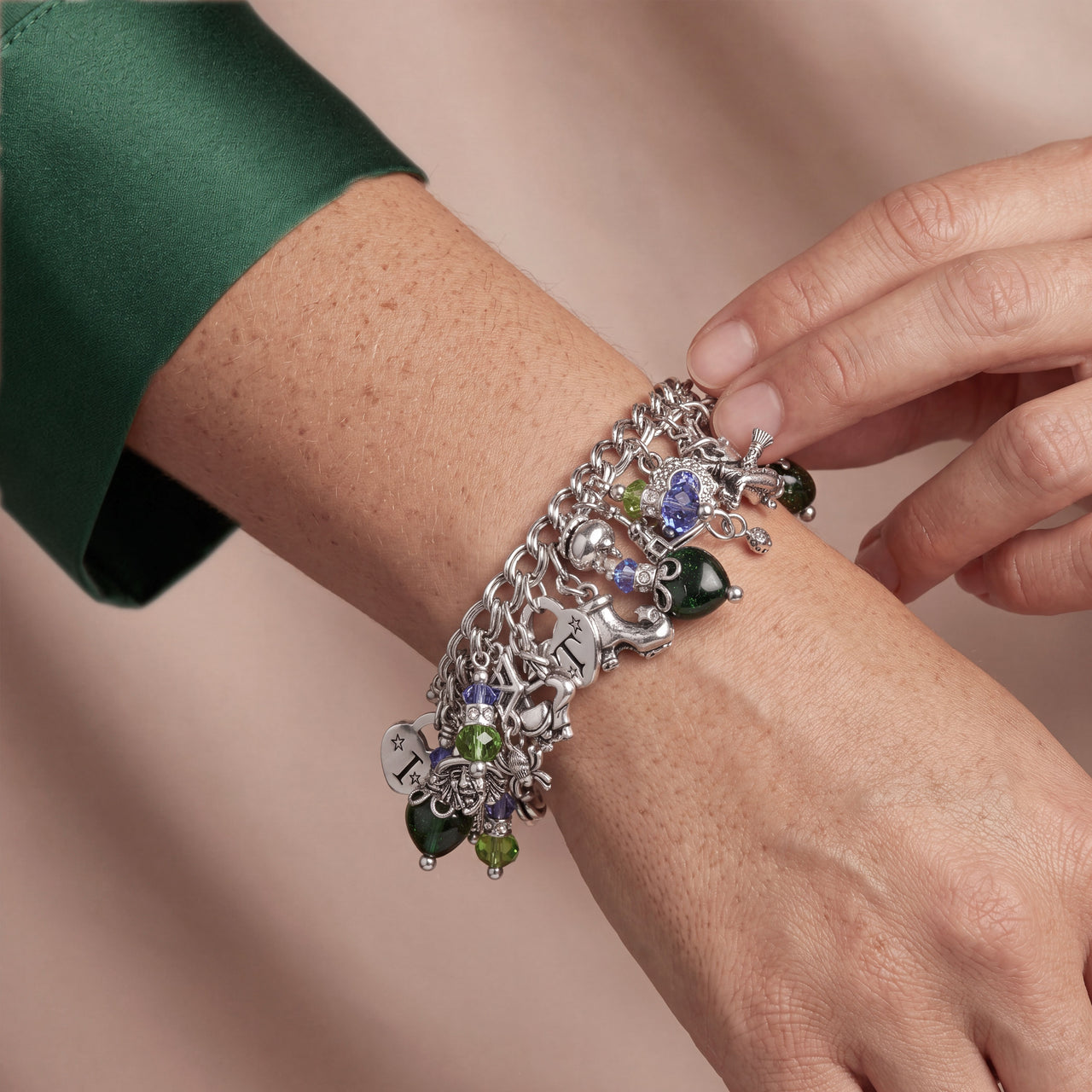 Green Witch Charm Bracelet with Crystals