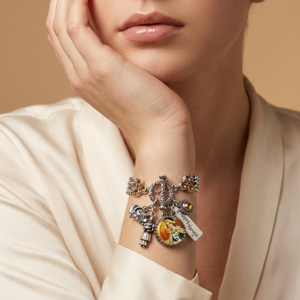 Pilgrim Charm Bracelet – Thanksgiving Gift with Sparkling Topaz Crystals