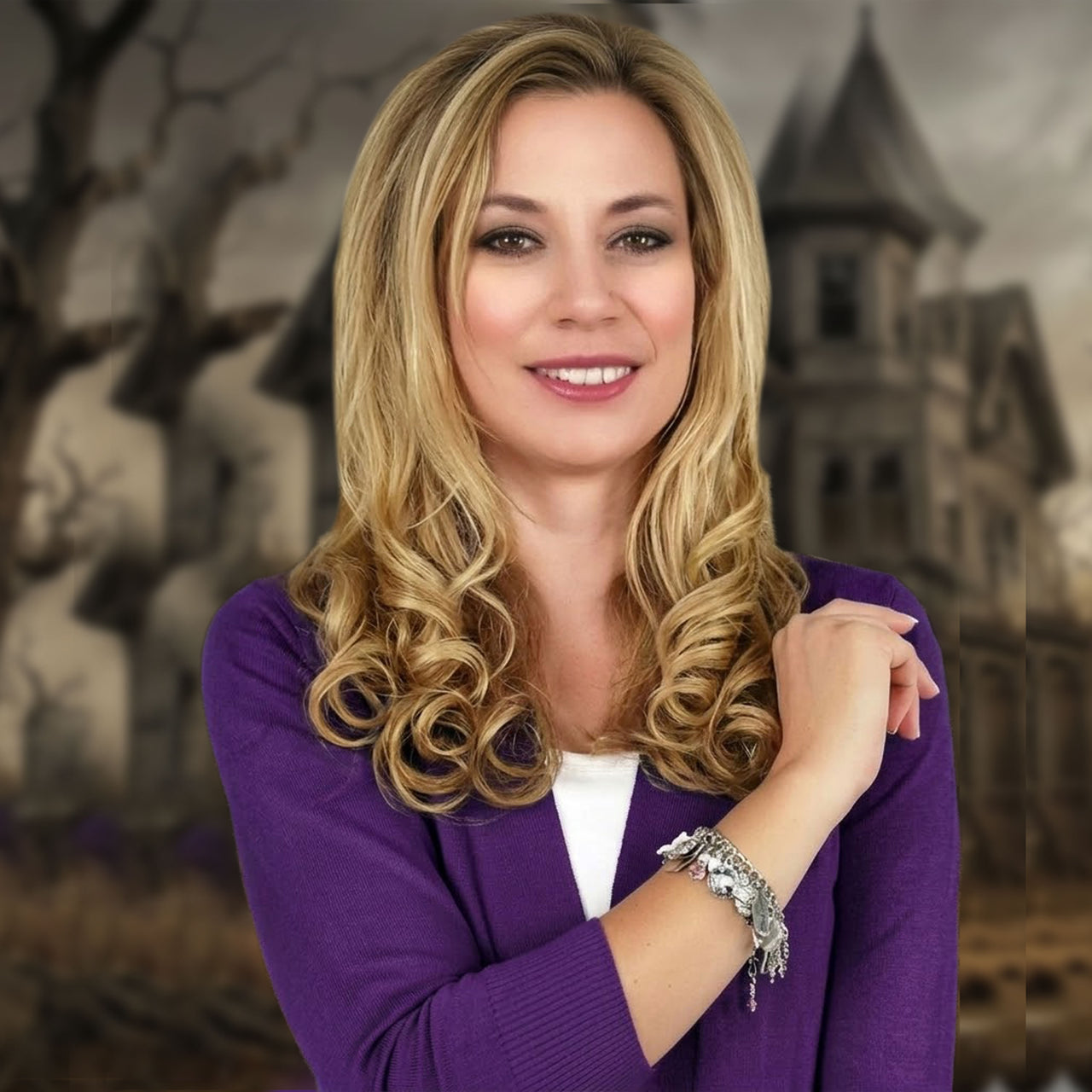 Haunted House Charm Bracelet with Gothic Mansion Illustrations, Welcome Foolish Mortals Engraving and Moonlight Blue Crystals