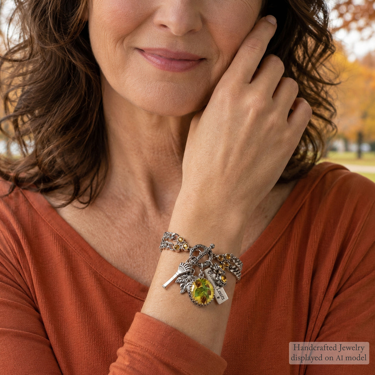 Falling Leaves Bracelet - Handmade Autumn Charm Bracelet With Crystal Accents
