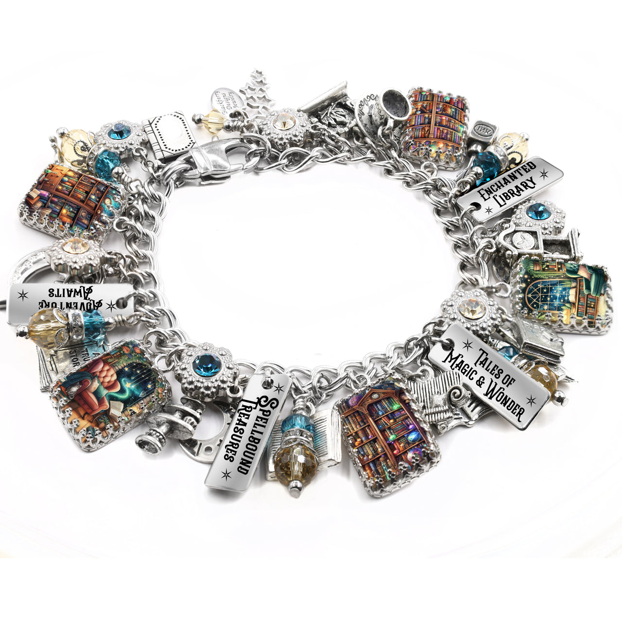 Library charm bracelet with silver book charms, engraved sayings like “Enchanted Library” and “Tales of Magic & Wonder,” sparkling crystals, and handcrafted artwork under glass.