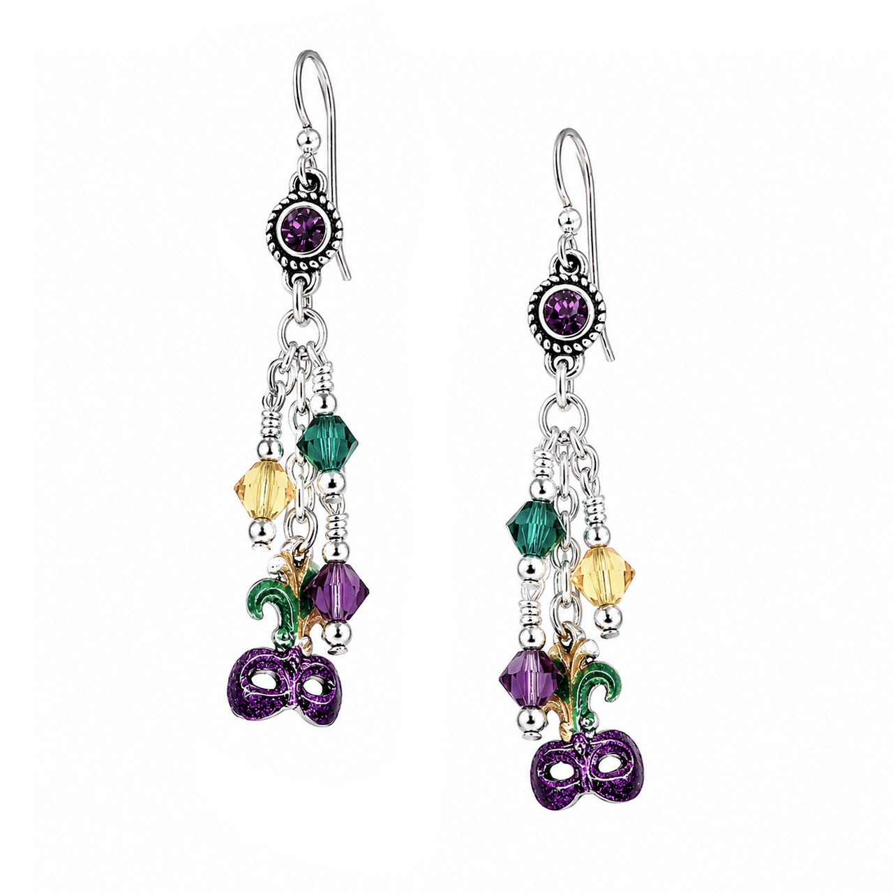 Mardi Gras Earrings with Carnival Masks and Fleur de Lis