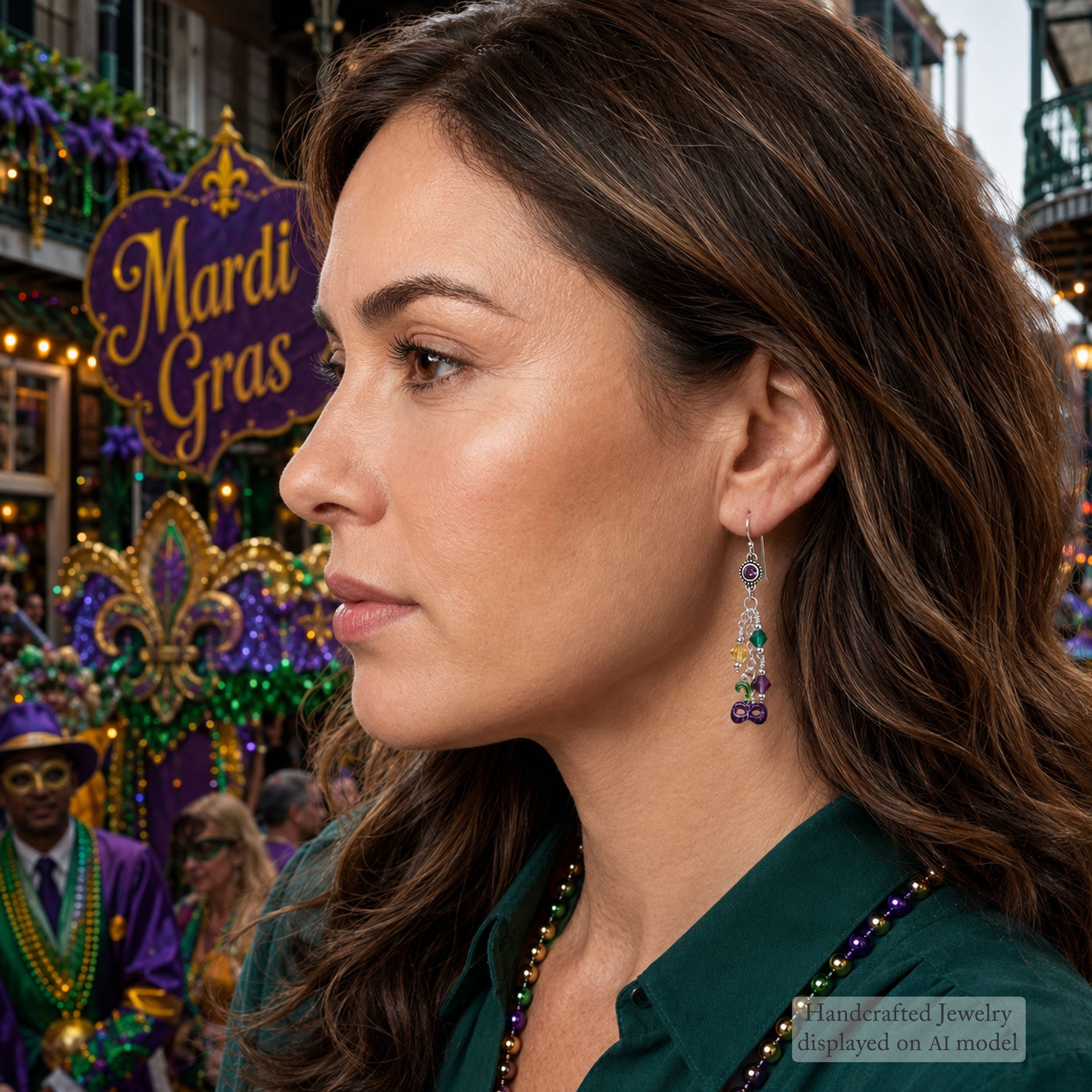 A woman in profile wearing a dangling Mardi Gras beaded earring, with a festive Mardi Gras parade background and a watermark indicating it is displayed on AModel.