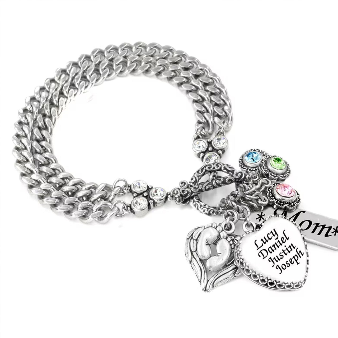 A silver-colored bracelet with a charm attached, featuring a heart-shaped charm and various other charms.