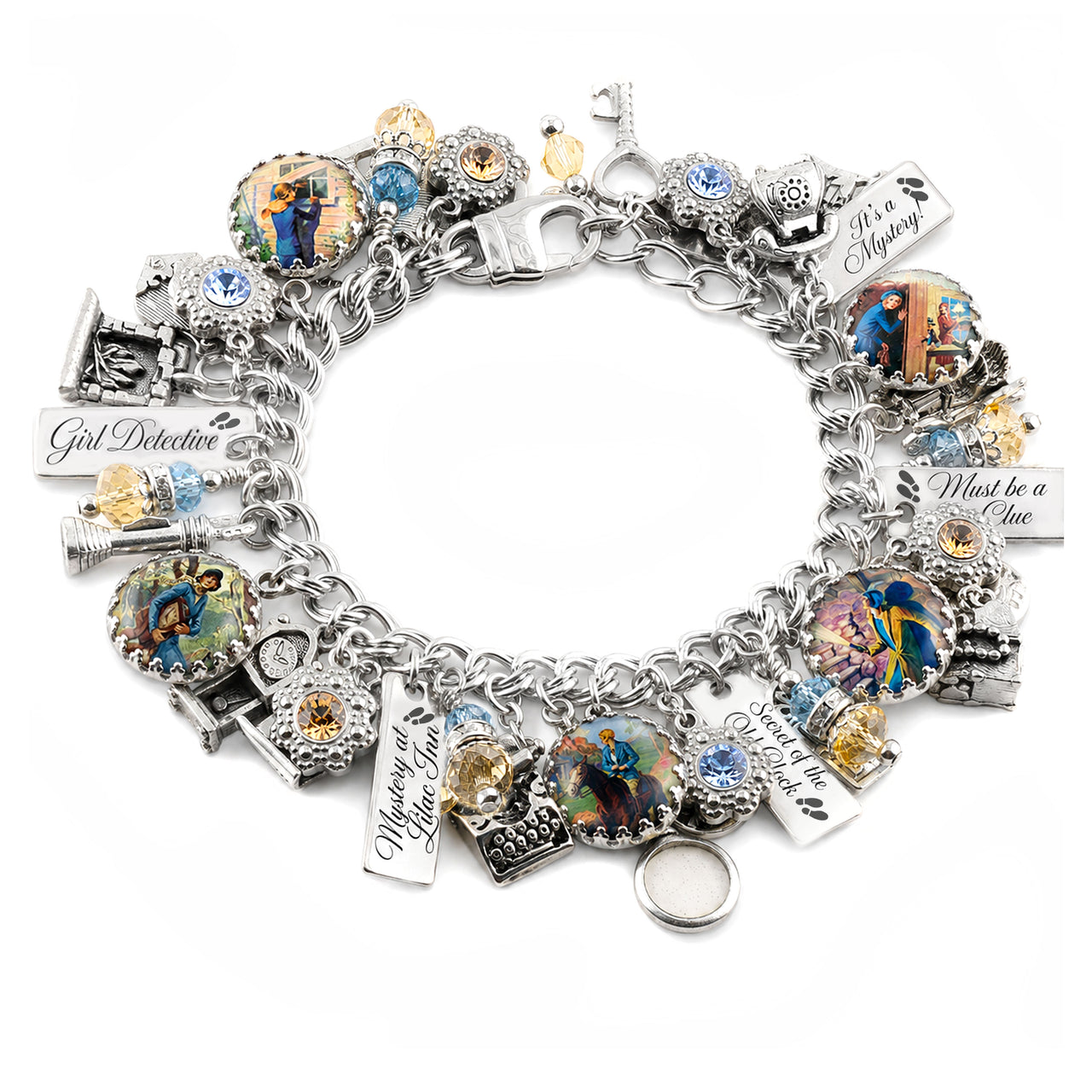 nancy drew charm bracelet in golden topaz and light blue.  vintage images of the books from the 1930's, secret of the old clock, mystery at lilac inn, and others.  14 silver charms.