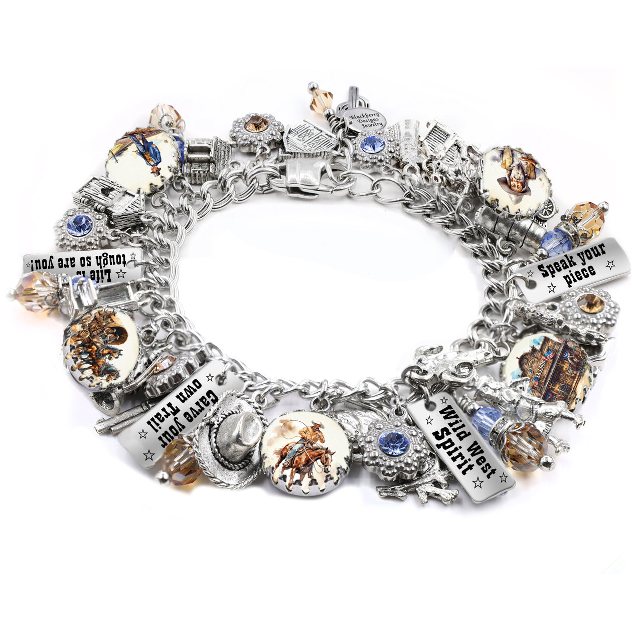 Old West charm bracelet with vintage cowboy and Western-themed silver charms, engraved sayings like “Wild West Spirit” and “Speak Your Piece,” crystal accents, and detailed handcrafted  bracelet in non tarnish silver