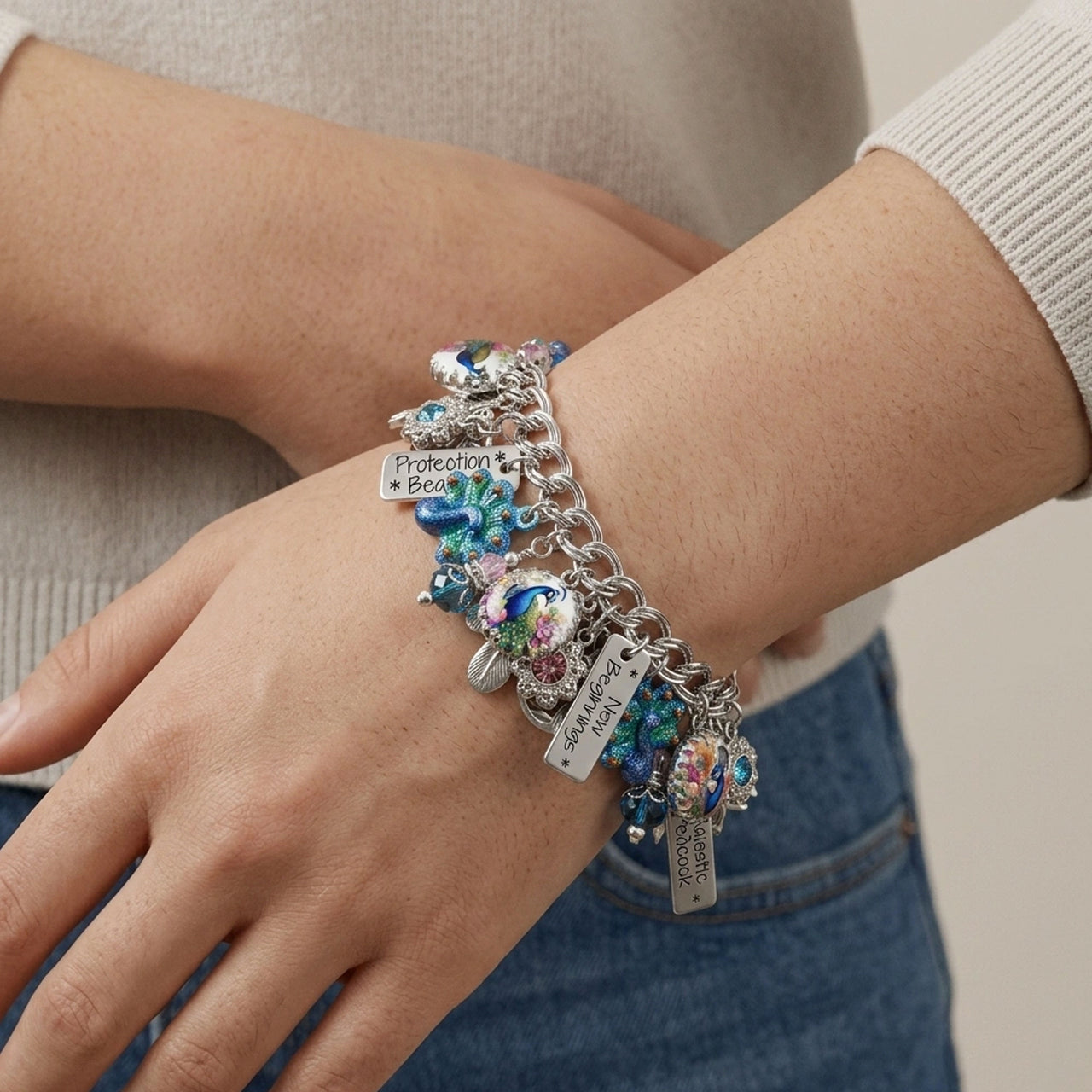 Peacock Charm Bracelet – Hand Painted Charms Jewelry