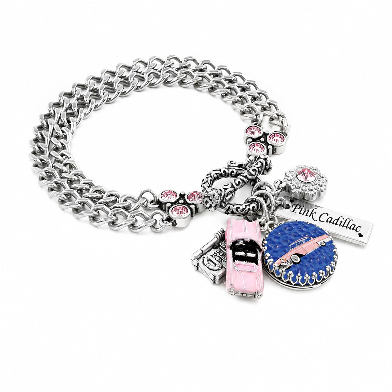 Pink Cadillac Bracelet – Vintage Car Charm Bracelet with Sparkling Crystal Charms