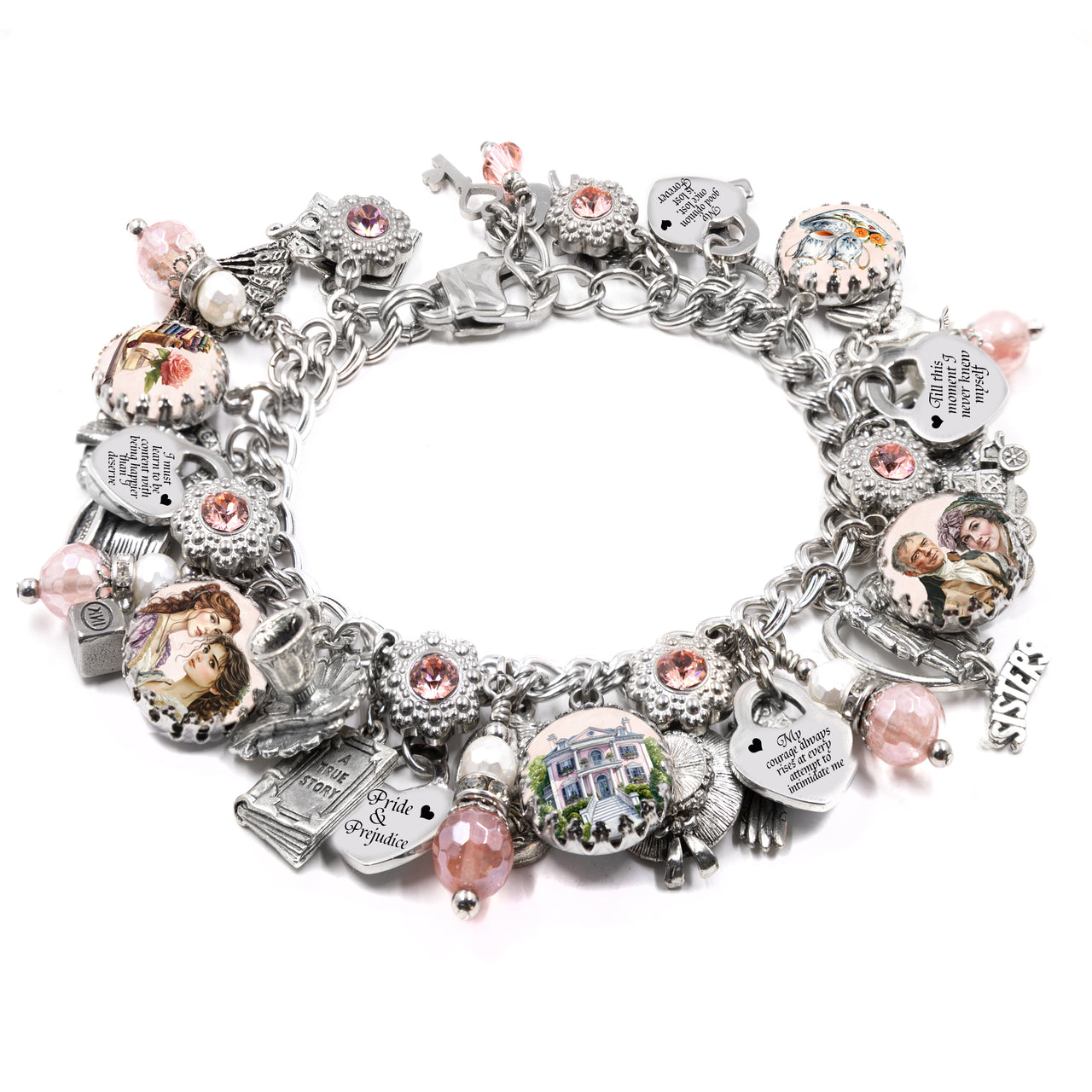 Pride and Prejudice charm bracelet Jane Austen vintage illustrations rose quartz engraved quotes silver charms literary jewelry gift