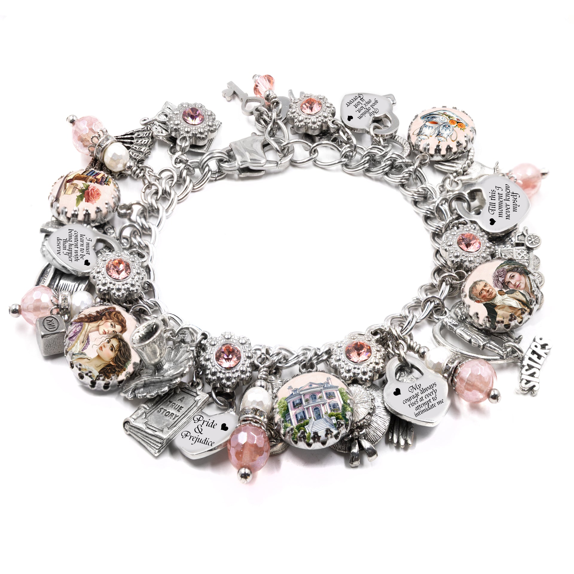 Pride and Prejudice charm bracelet Jane Austen vintage illustrations rose quartz engraved quotes silver charms literary jewelry gift