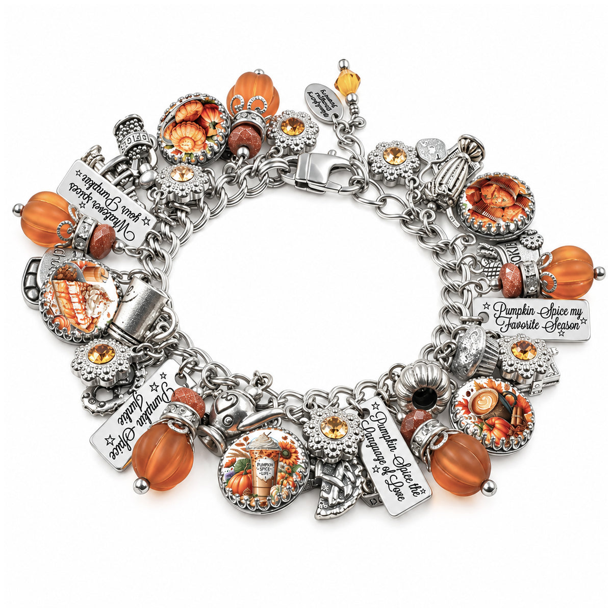 A silver charm bracelet featuring autumn-themed charms including pumpkins, acorns, leaves, and engraved tags with seasonal sayings, accented by orange and amber beads, shown on a white background.
