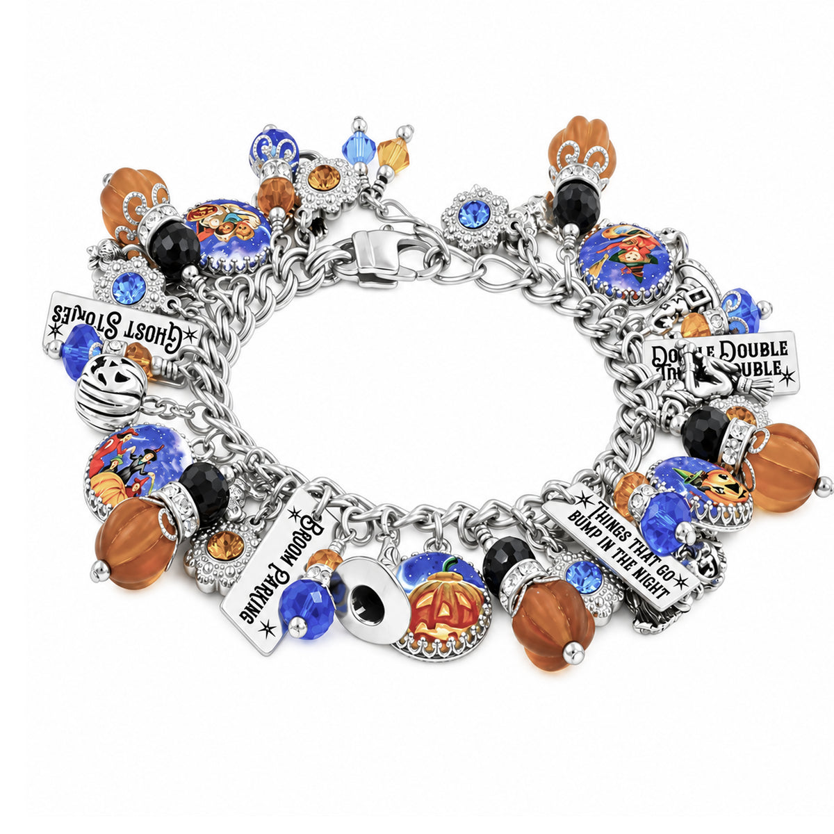A silver charm bracelet featuring Halloween-themed charms including jack-o'-lanterns, ghost faces, candy corn, blue and orange beads, and engraved text charms such as 'One Double Double' and 'Spooky Pants,' shown on a plain white background.