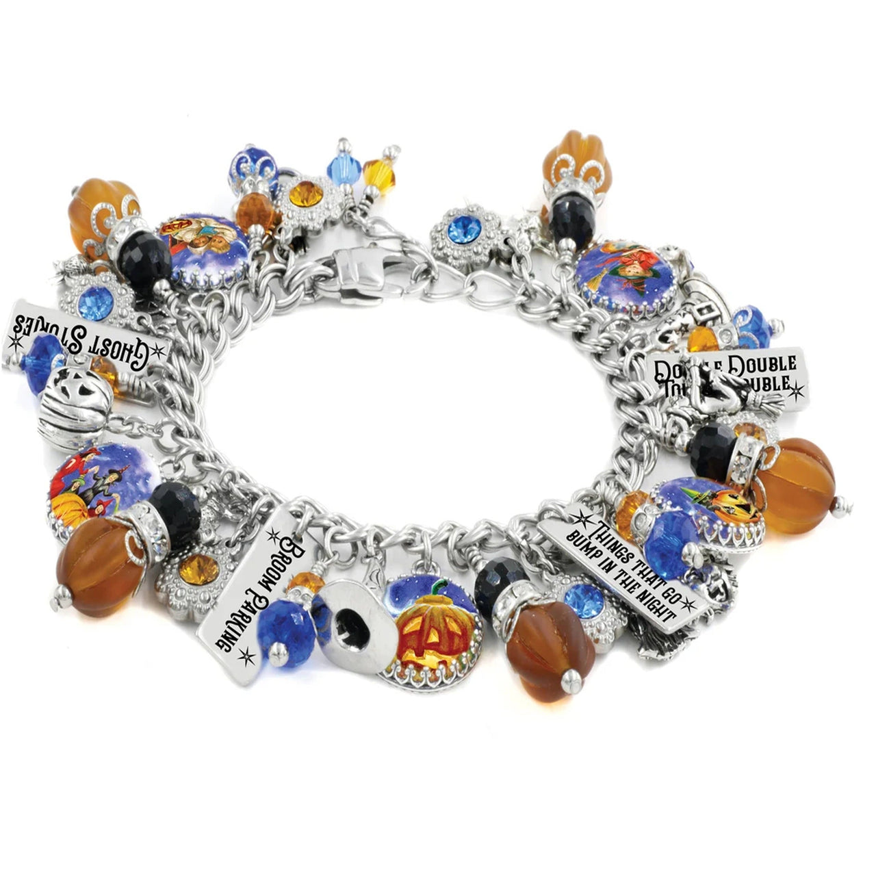 A silver charm bracelet featuring multiple Halloween-themed charms, including a skull with a jack-o'-lantern face, blue and orange beads, and text charms reading 