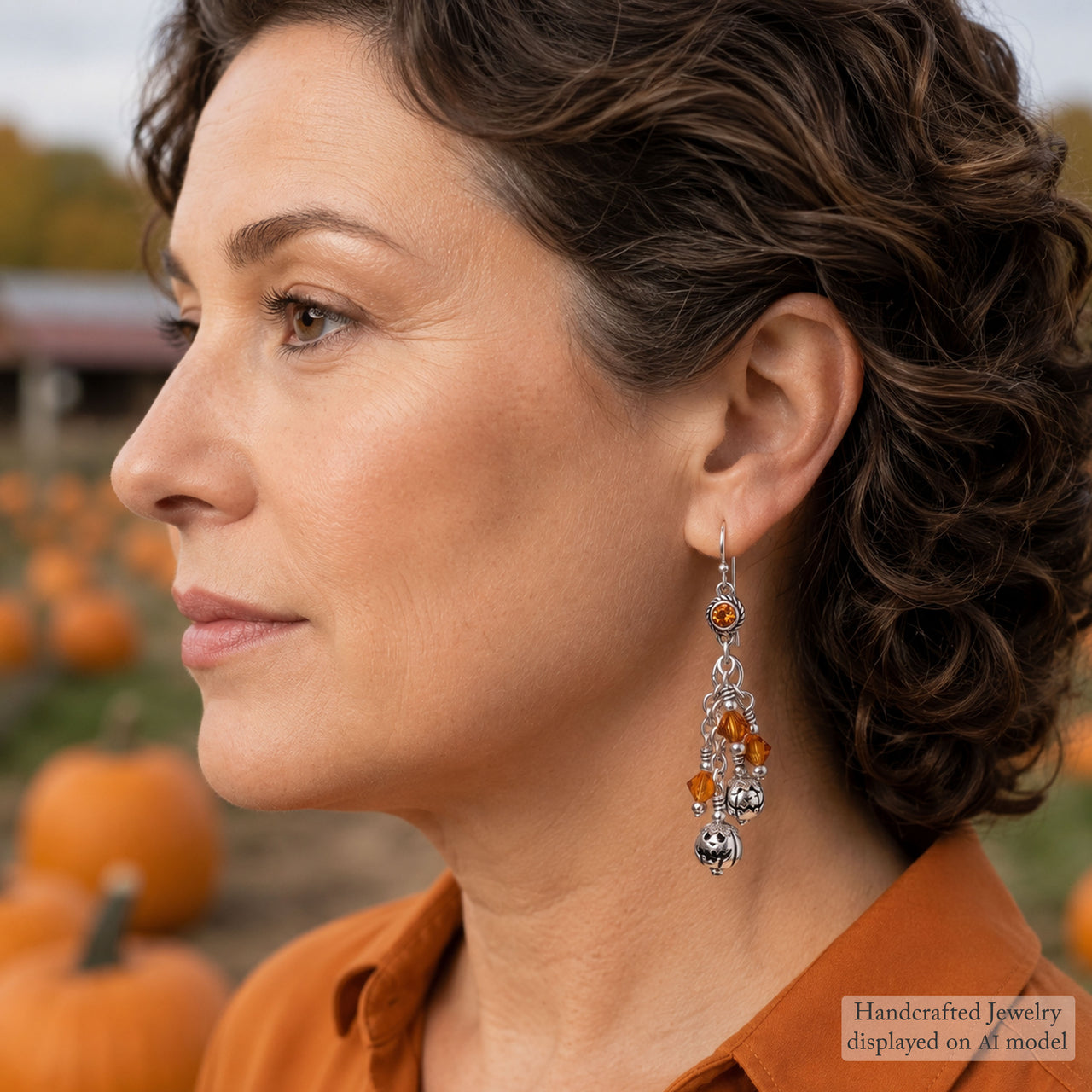 Silver Pumpkin Earrings -  Dangle Style with Topaz Crystals