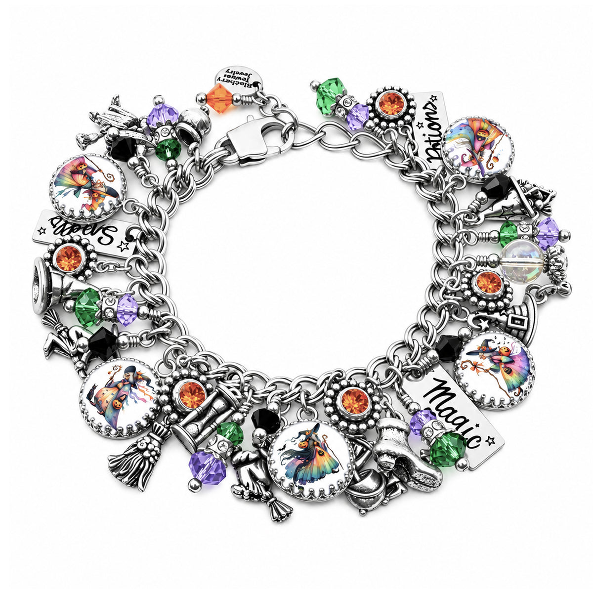 Rainbow witch charm bracelet with 1960s-style witches in colorful costumes, orange and amethyst crystals, and engraved silver star charms.