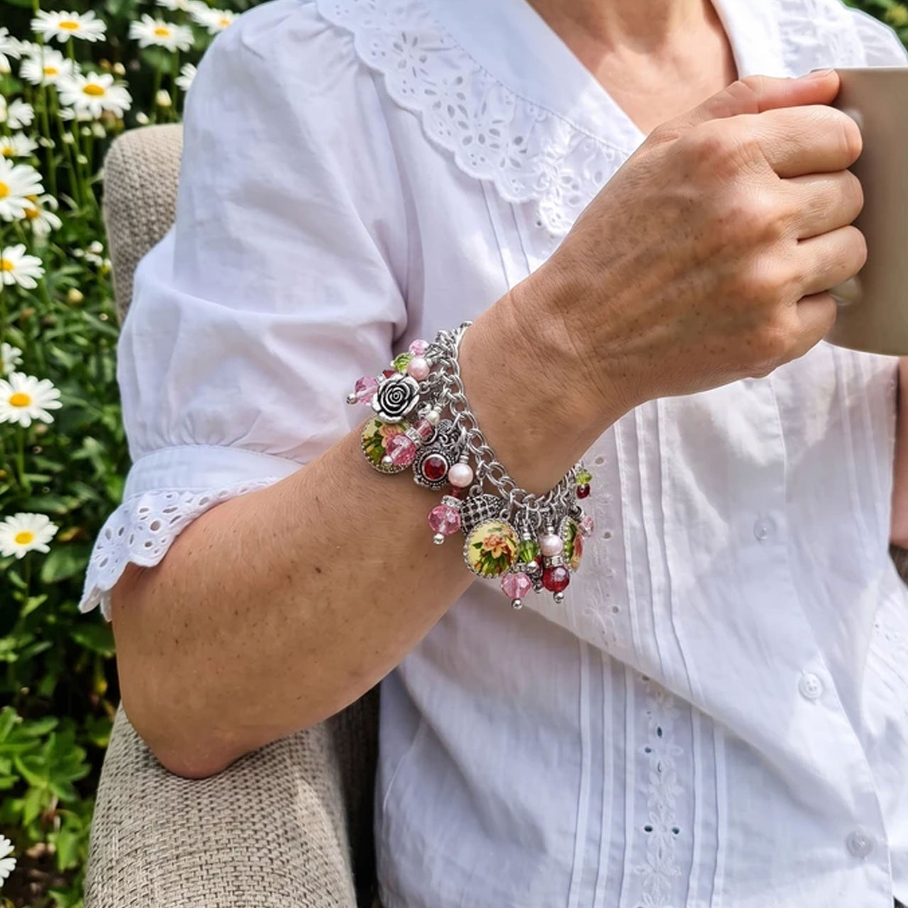 Rose Garden Charm Bracelet with shell pearls