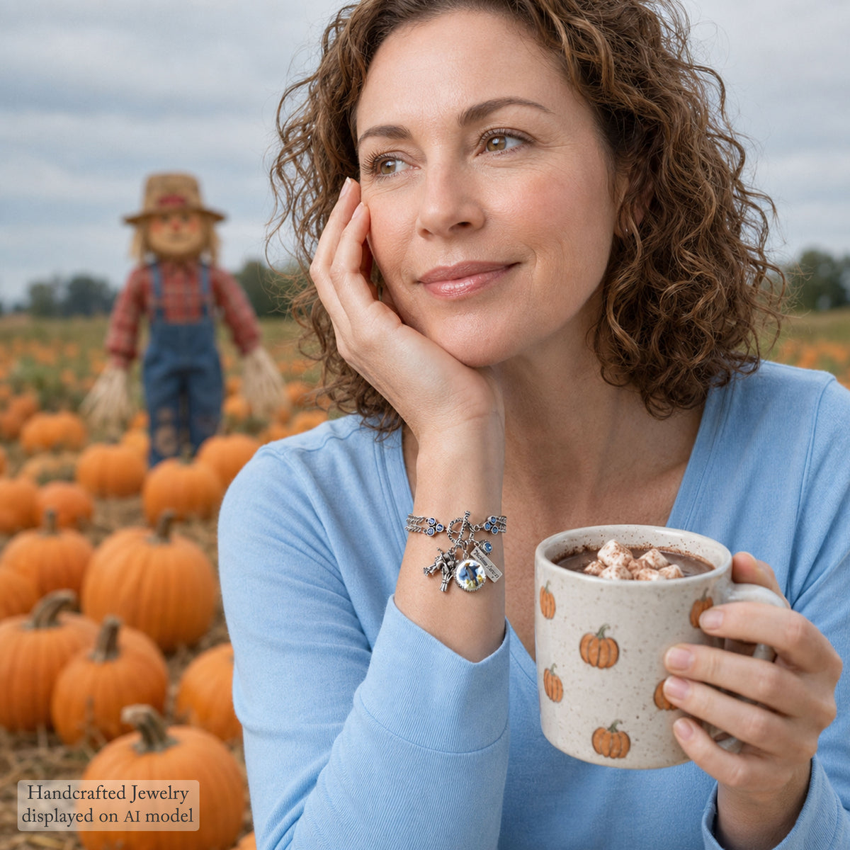Autumn Scarecrow Charm Bracelet – Fall Harvest Jewelry in Tarnish-Free Silver