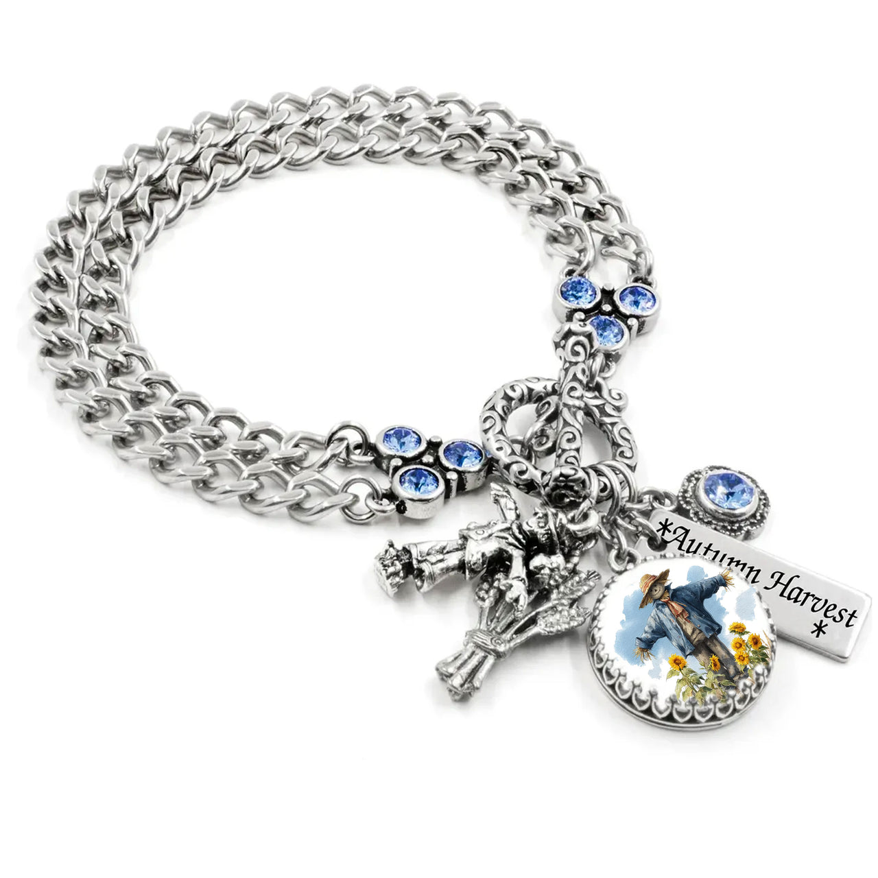 Autumn Scarecrow Charm Bracelet – Fall Harvest Jewelry in Tarnish-Free Silver