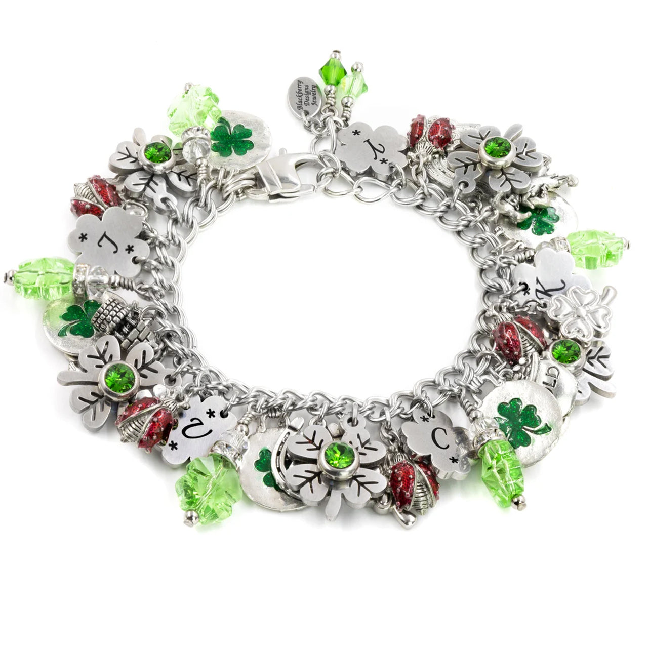 Crystal Shamrock Charm Bracelet with Lucky Ladybugs