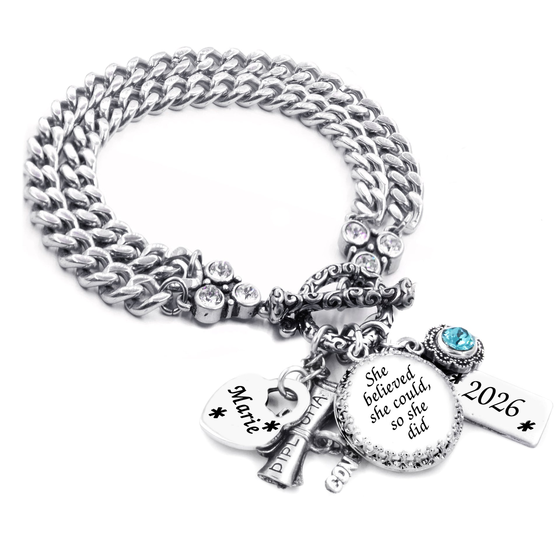 she believed she could 2026 graduation bracelet in non tarnish stainless steel with personalized engraved name and choice of birthstone or school colors.