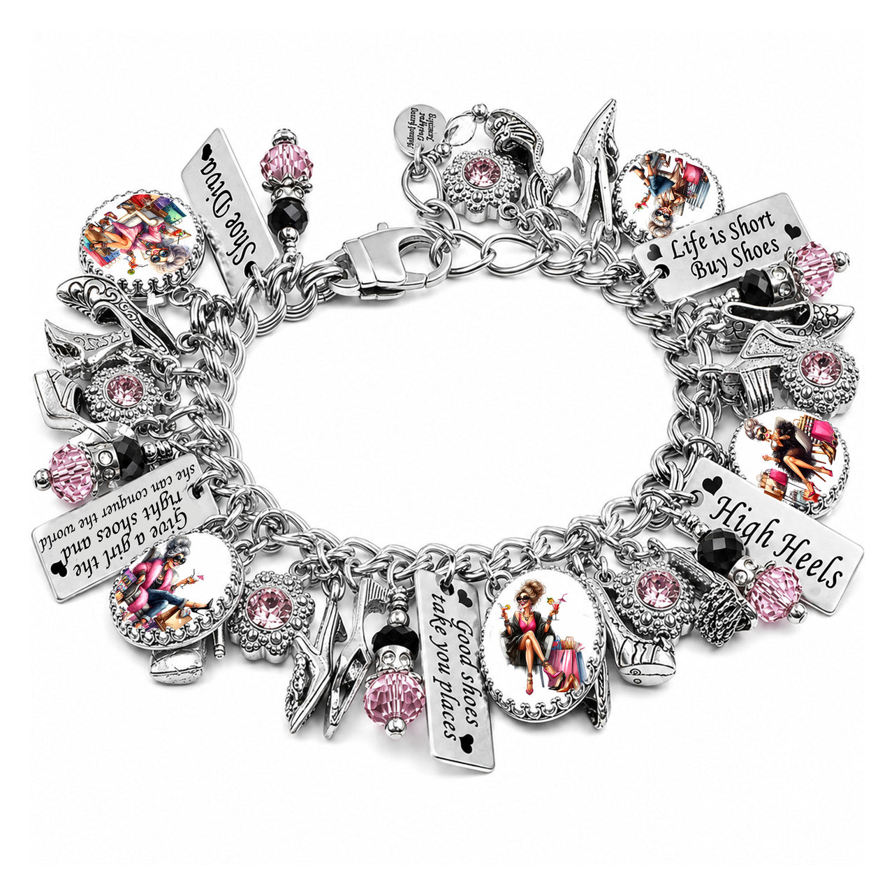 Shoe Lover Charm Bracelet with Crystals and High Heel Charms