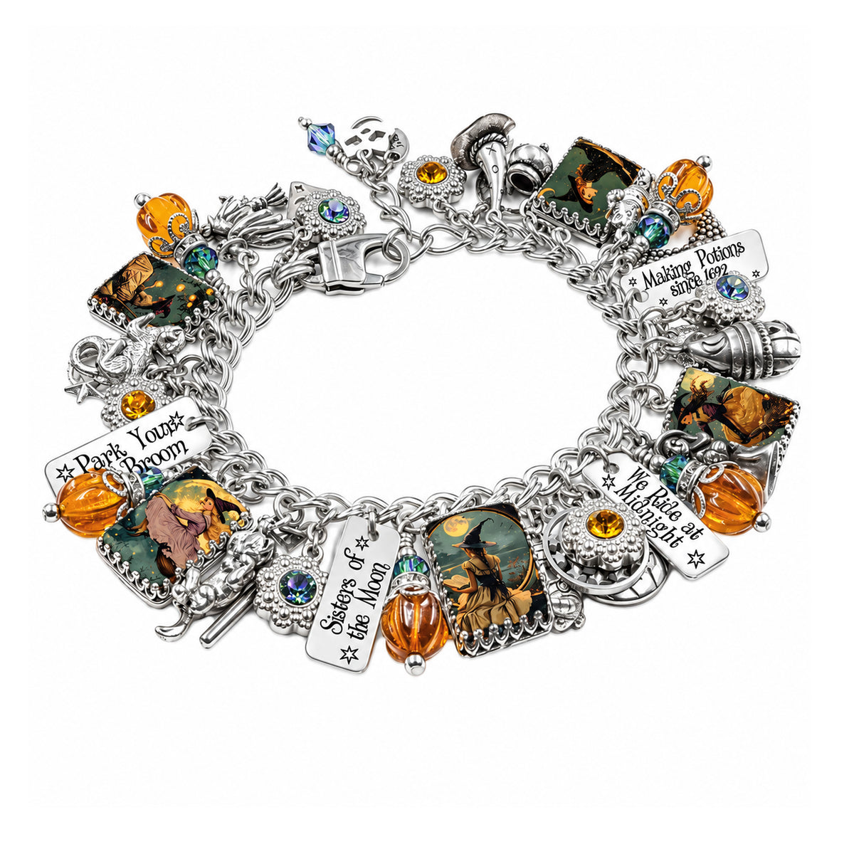 Retro Halloween charm bracelet with 1940s-style witches, teal crystals, black cats, engraved sayings, and glowing crystal pumpkins.