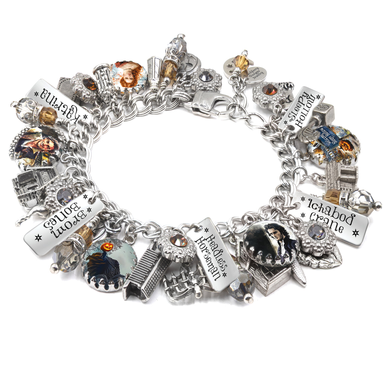 The Legend of Sleepy Hollow charm bracelet featuring Ichabod Crane, the Headless Horseman, vintage images under glass, and crystal accents in tarnish-free silver.