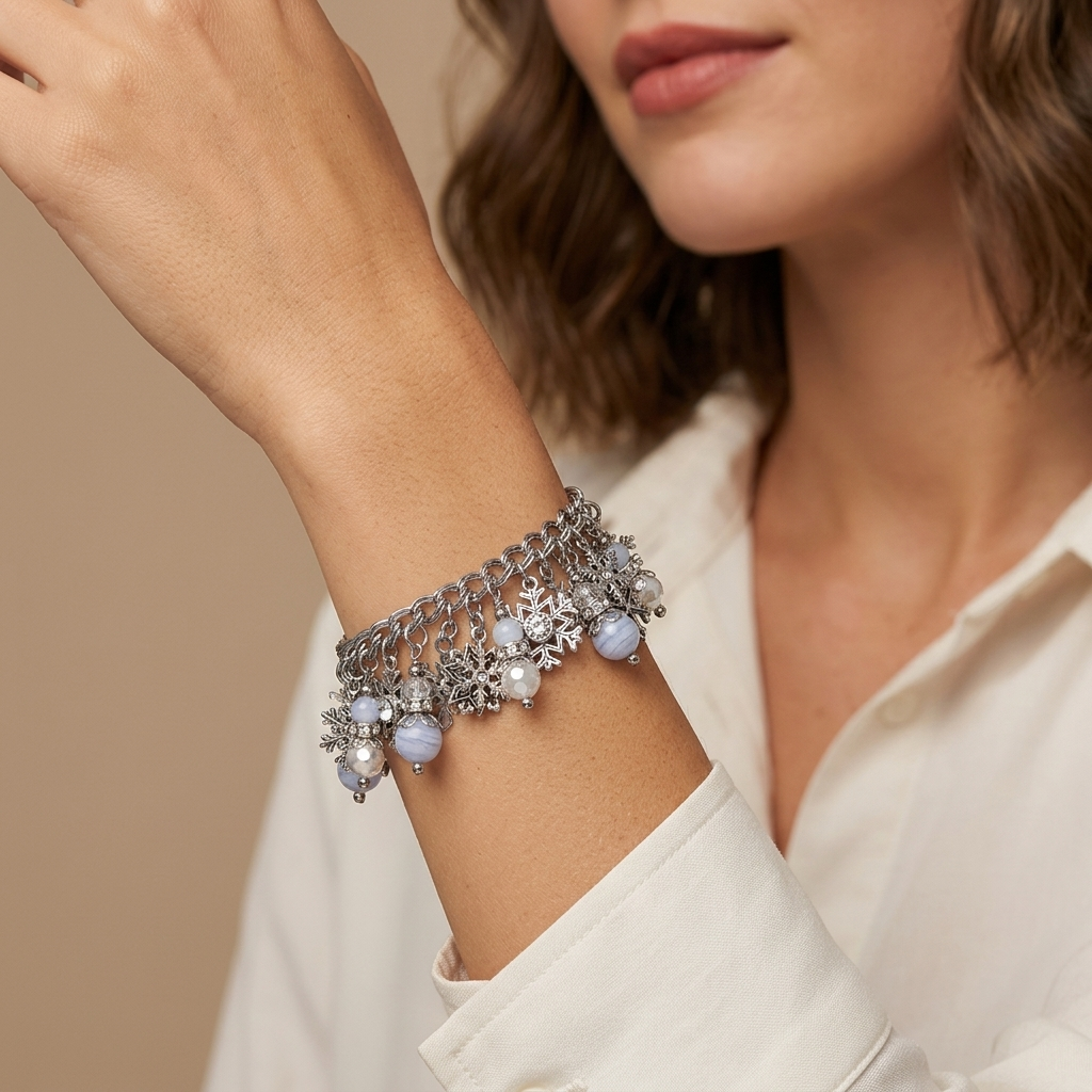 Snowflake Charm Bracelet for Winter with Pearls