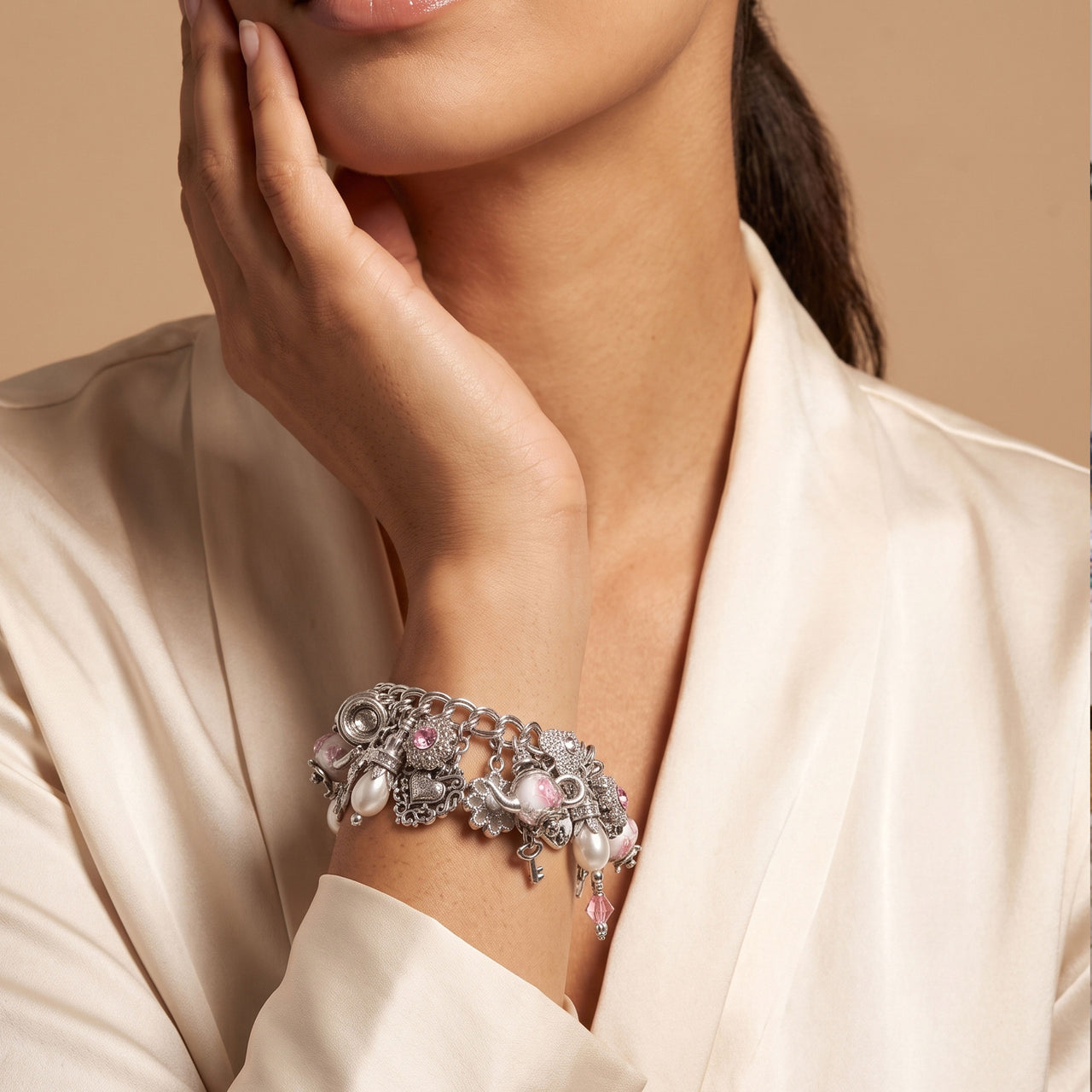 Tea Lover Charm Bracelet with Shell Pearls and Crystals