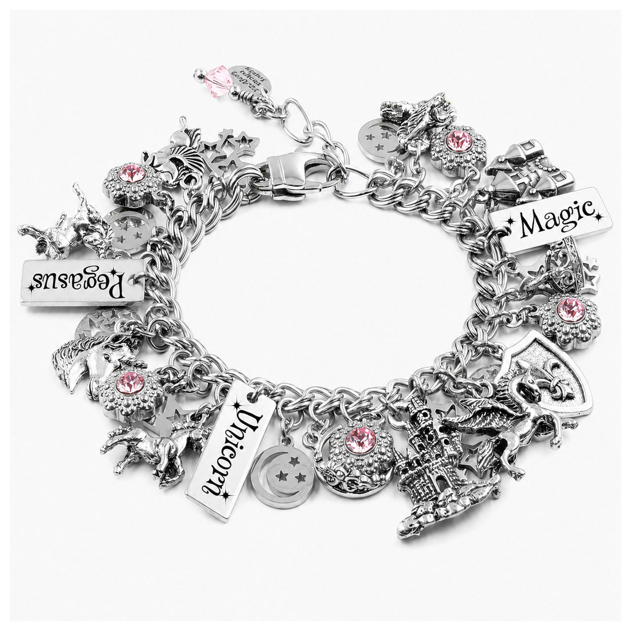 Unicorn Charm Bracelet, Personalized Birthstone Name Jewelry