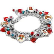 Vintage Valentine paper doll charm bracelet with Austrian crystals, red hearts, and Victorian imagery on white background