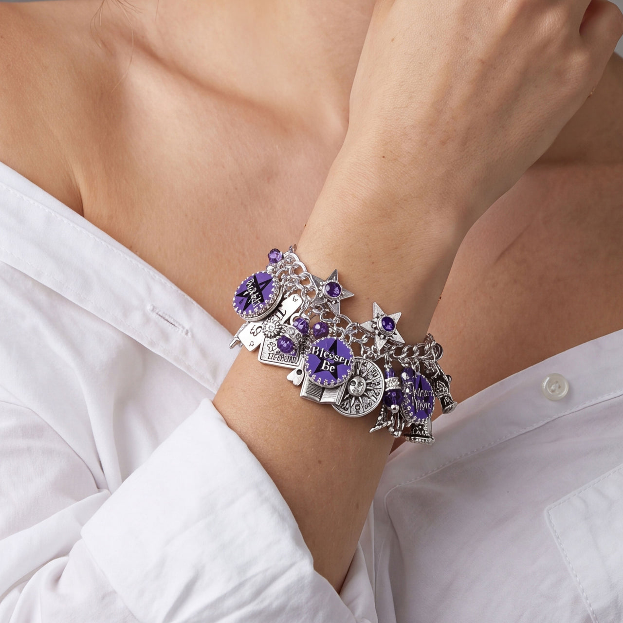Amethyst Wiccan Charm Bracelet - Witchy Jewelry