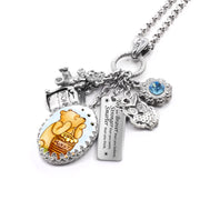 Silver Pooh bear honey pot necklace with blue crystal, owl charm, and “You are braver than you believe” quote pendant on stainless chain.