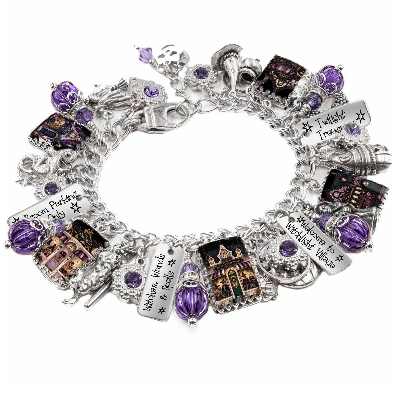 Witch Charm Bracelet, Halloween Jewelry in Non Tarnish Stainless, Witch Light Village