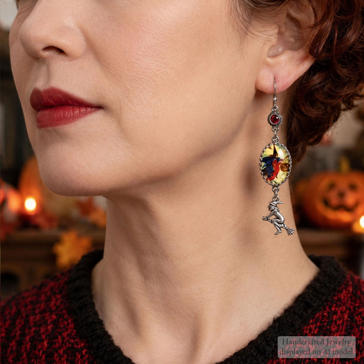 Witch on Broom Charm Earrings - Halloween Jewelry