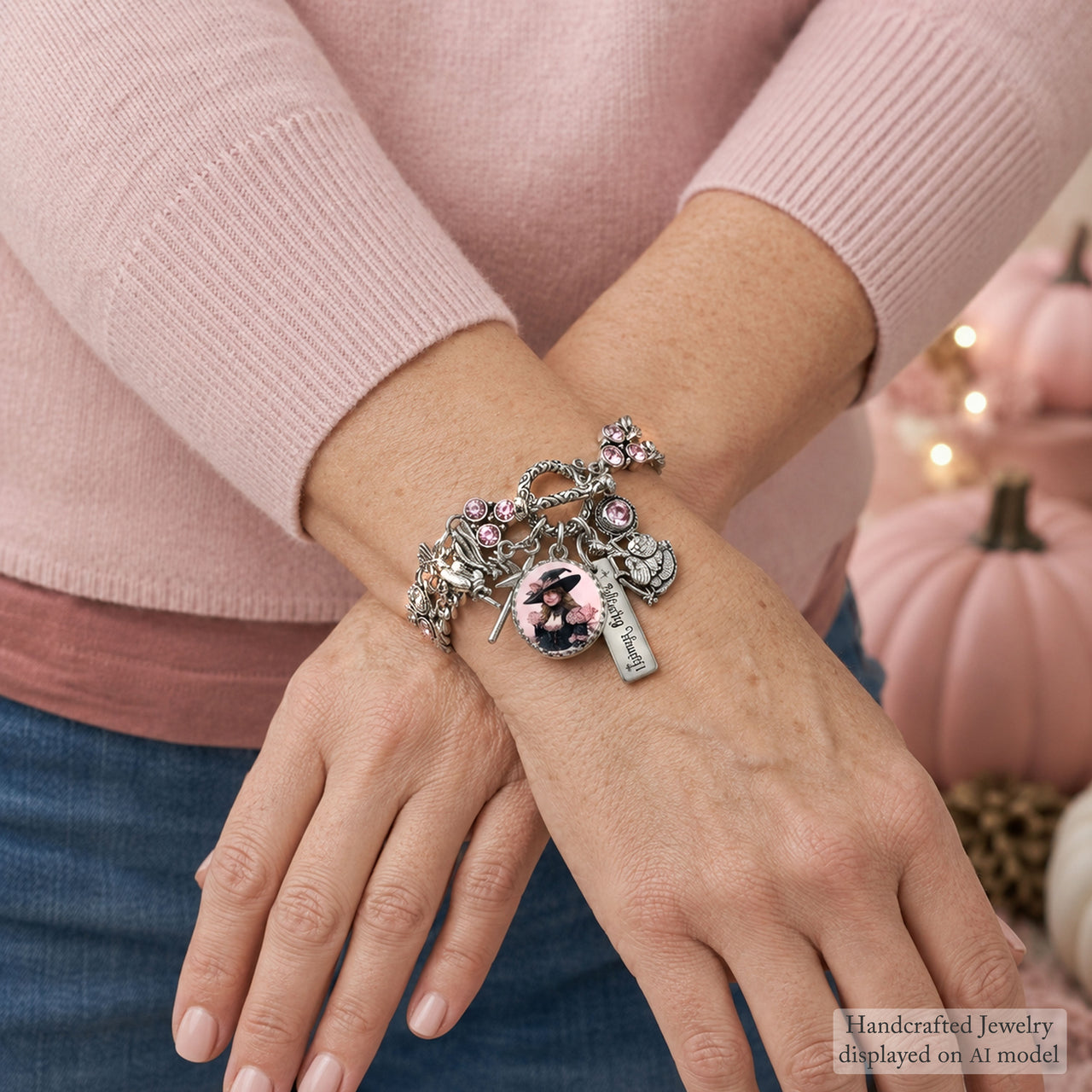 Witchy Woman Bracelet – Retro 1940s Witch in Pink & Black