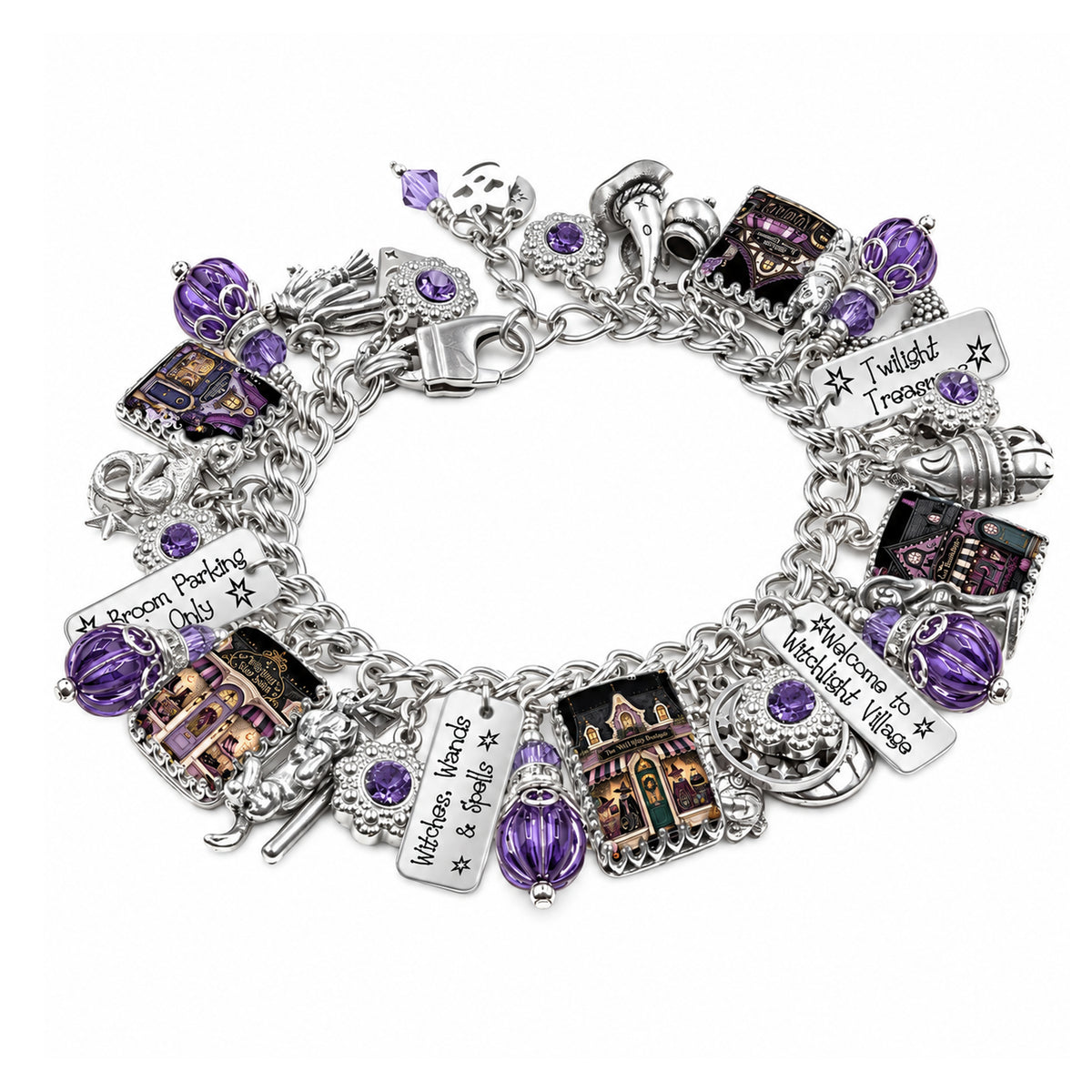 A silver witchy charm bracelet featuring various  fantasy-themed charms halloween images including book boxes, a key, a wand, and engraved tags, accented with purple crystal beads on a white background.
