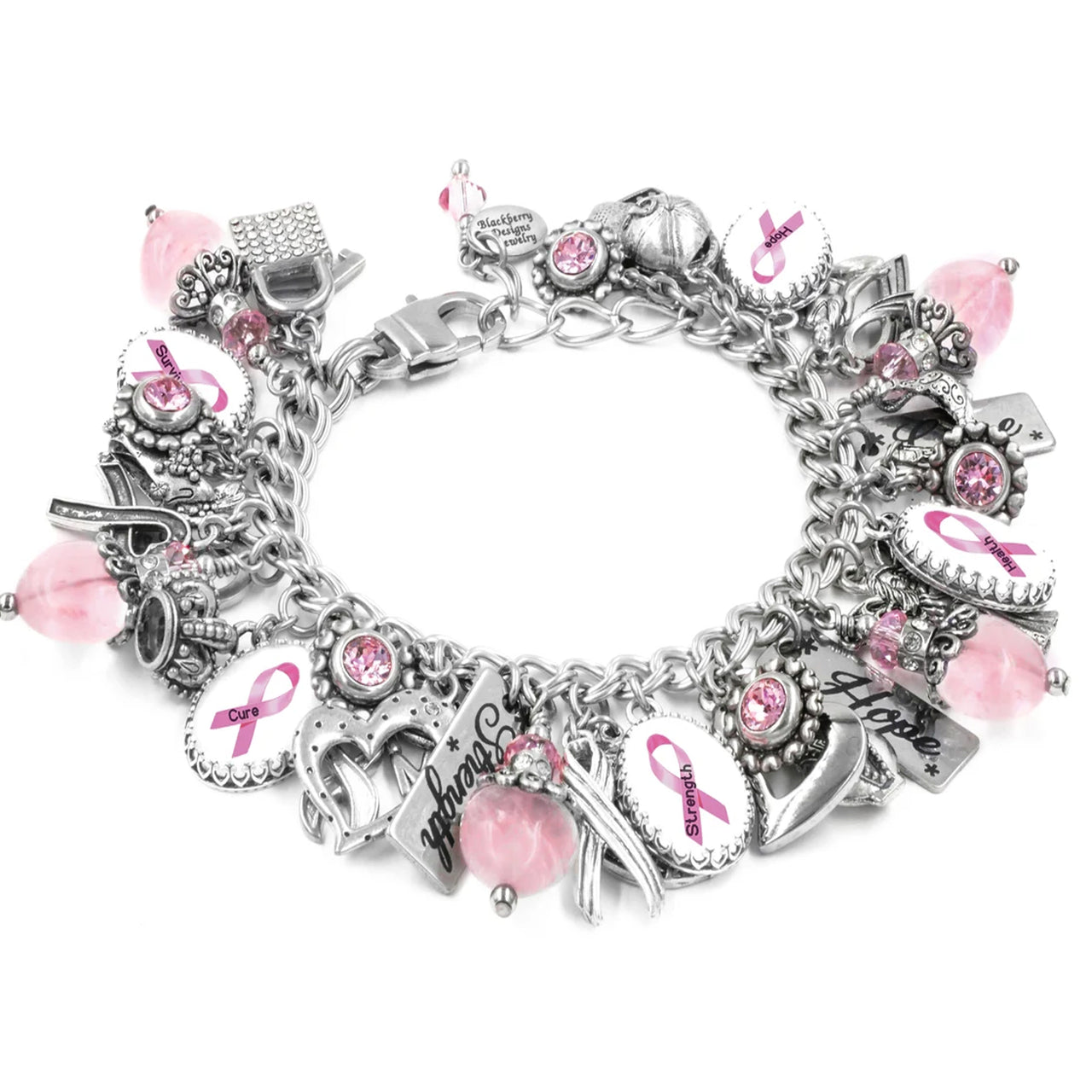 A silver and pink charm bracelet adorned with various charms, including a pink ribbon, hearts, and other decorative elements.