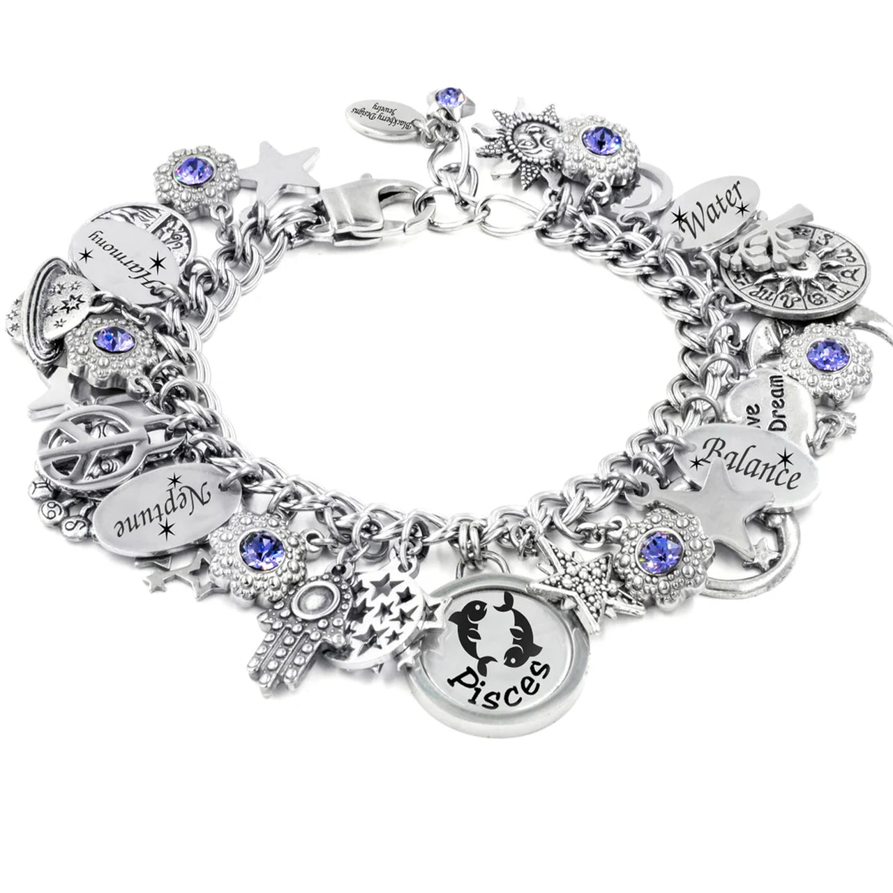 A silver-toned charm bracelet adorned with various charms, including a star, a moon, and a zodiac symbol, as well as a charm that says "Pisces". The bracelet also features a charm that says "Water" and another that says "Love Dream Balance". The bracelet is embellished with blue gemstones, adding a touch of color to the overall design.