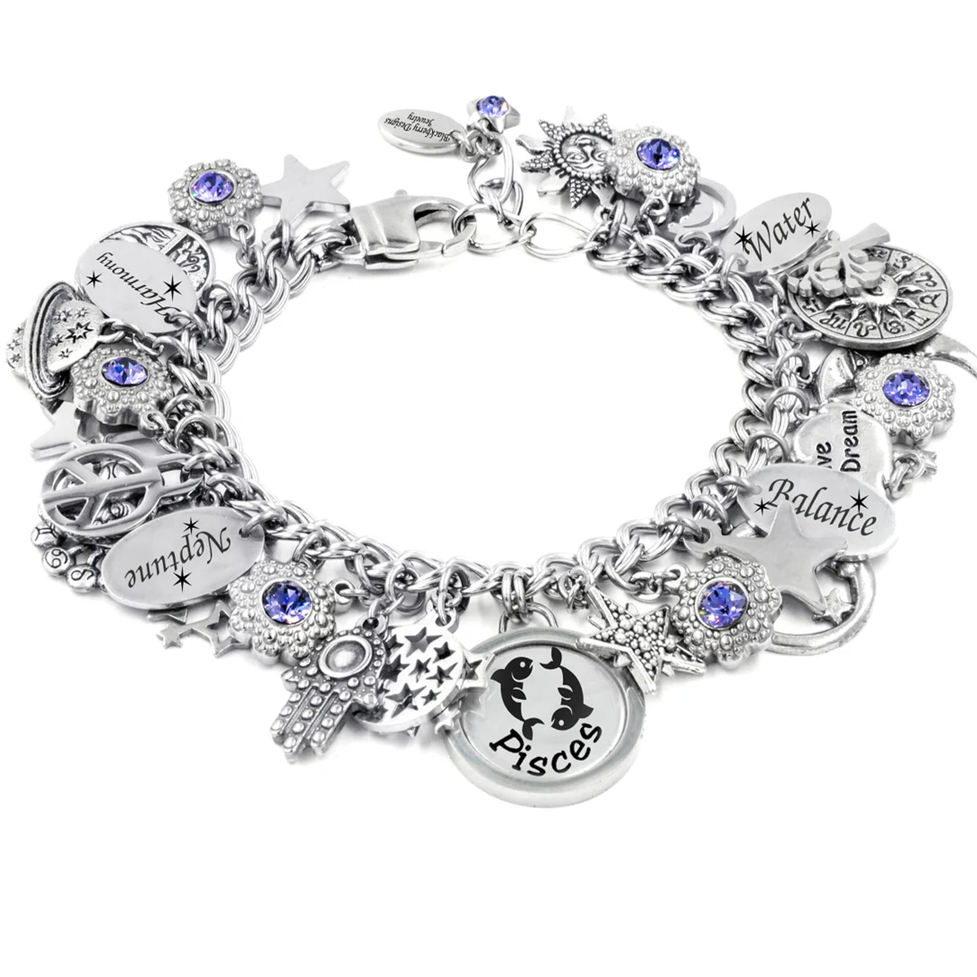 A silver-toned charm bracelet adorned with various charms, including a star, a moon, and a zodiac symbol, as well as a charm that says "Pisces". The bracelet also features a charm that says "Water" and another that says "Love Dream Balance". The bracelet is embellished with blue gemstones, adding a touch of color to the overall design.