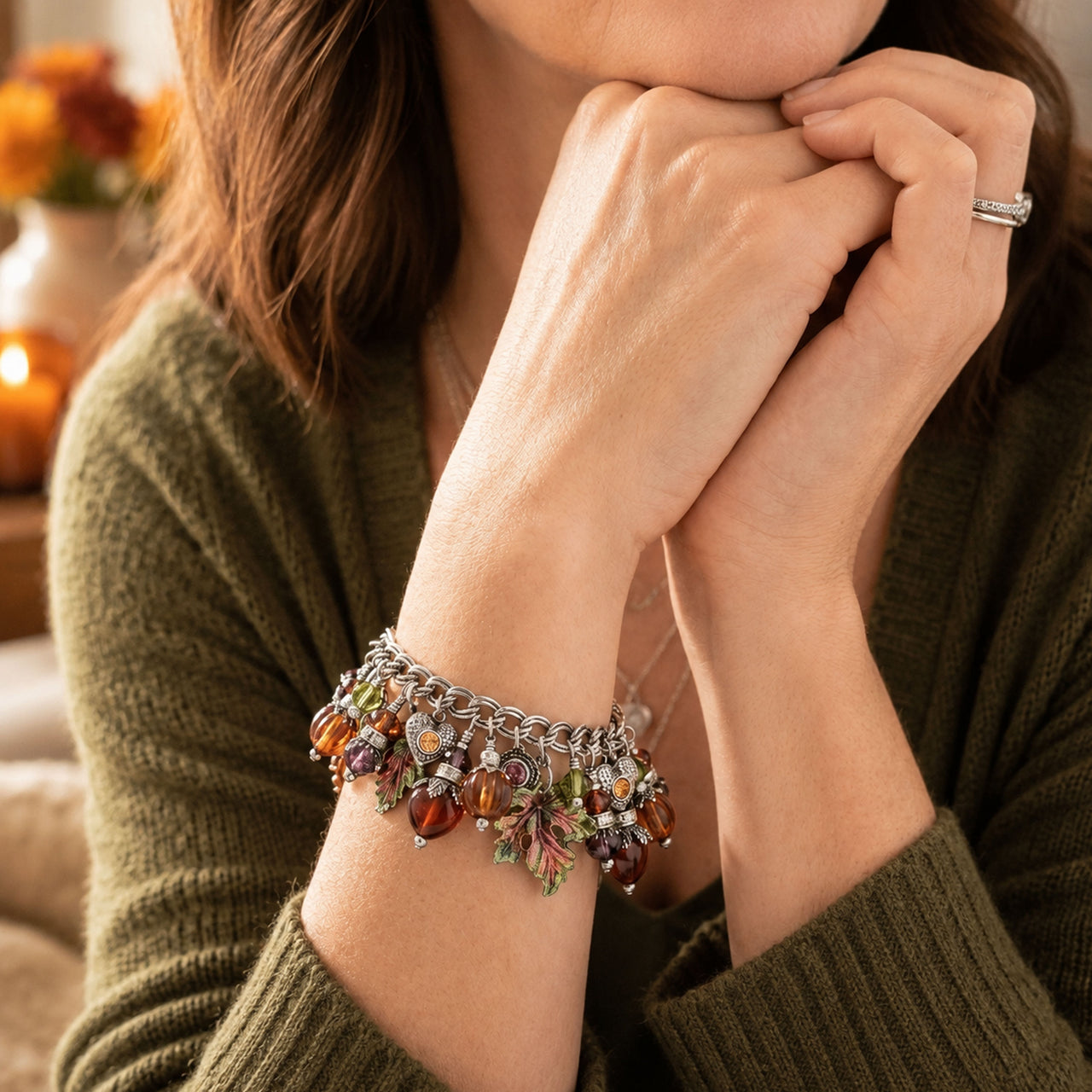 Autumn Charm Bracelet Handcrafted Leaves with Carnelian Gemstones