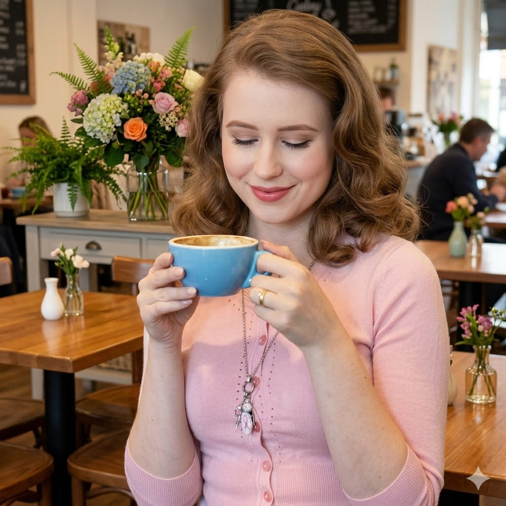 A woman in a pink sweater is holding a blue cup of coffee and looking down at it, with a bouquet of flowers in front of her.