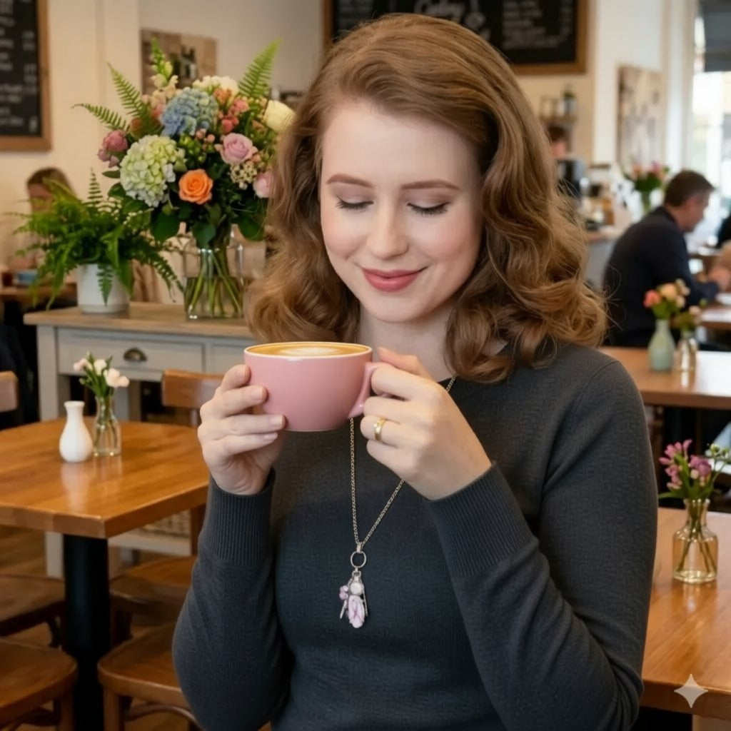 A woman in a pink sweater is holding a blue cup of coffee and looking down at it, with a bouquet of flowers in front of her.