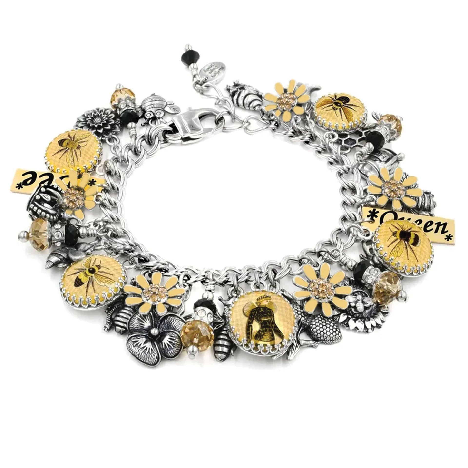 A bracelet with various charms and beads, including flowers, leaves, and other decorative elements, all in a combination of gold and silver colors.