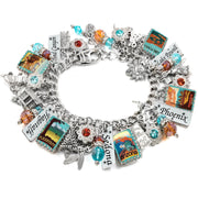 A bracelet with various charms and charms attached to it, each representing different cities or states in the United States.